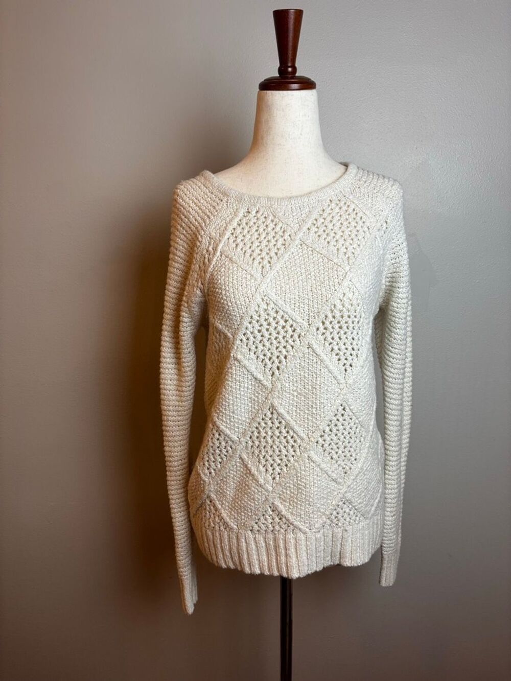 American Eagle Outfitters Knit Sweater Cream Diamond Pointelle Size S